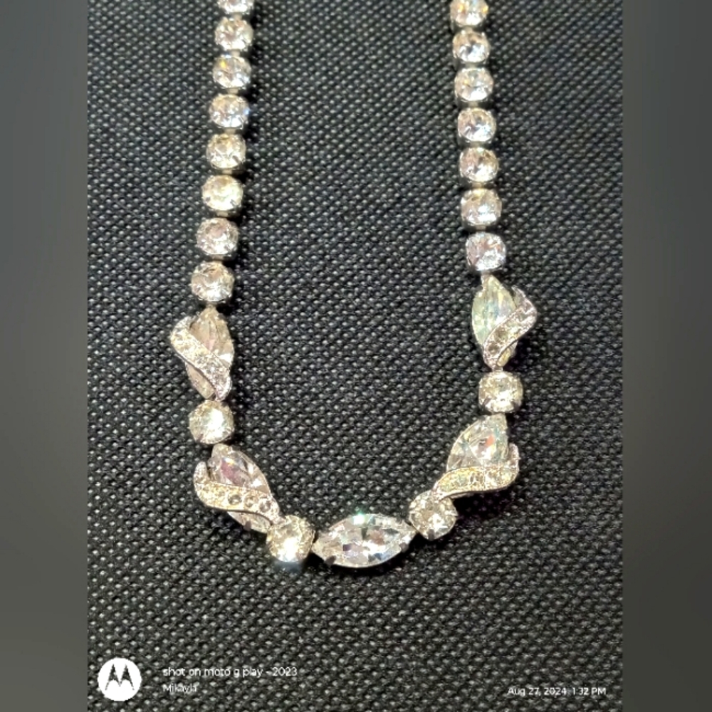 Vintage Eisenberg Rhinestone Choker Necklace Silver Round and Marquise Stones